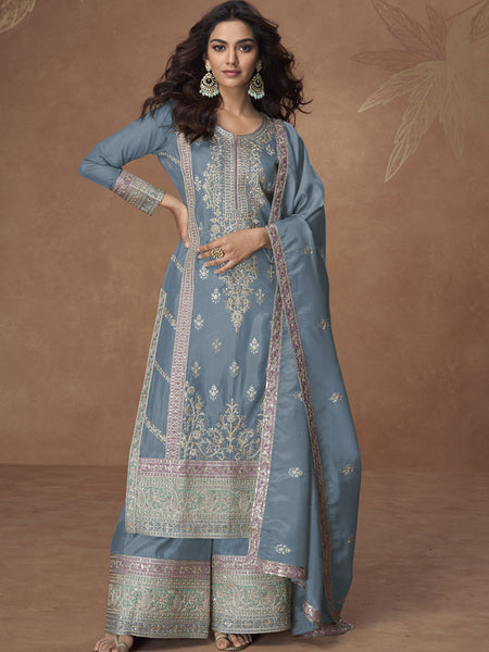 Grey Organza  Shimmer Silk Embroidered Palazzo Suit