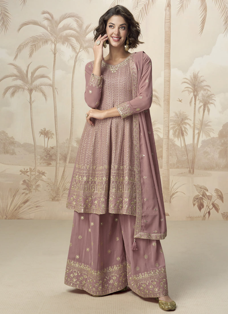 Peach Georgette Embroidered Designer Palazzo Suit