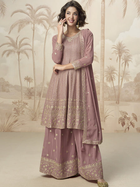 Peach Georgette Embroidered Designer Palazzo Suit
