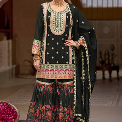 Black Chinon Silk Embroidered Sharara Suit