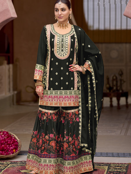Black Chinon Silk Embroidered Sharara Suit