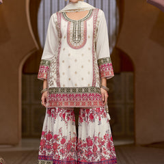 White Chinon Silk Embroidered Sharara Suit