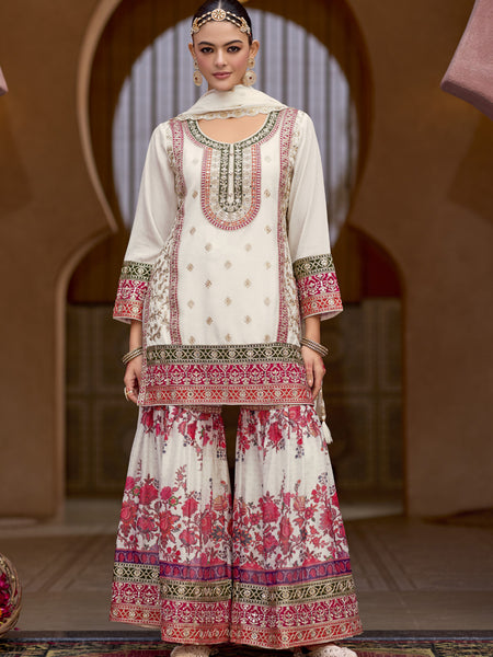 White Chinon Silk Embroidered Sharara Suit