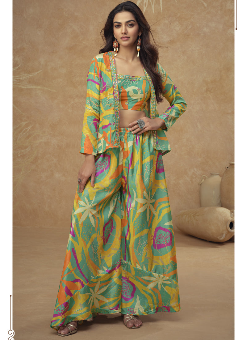Multicolor Chinon Silk Digital Print Western Style Palazzo Suit