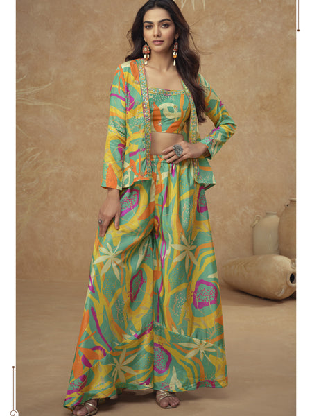 Multicolor Chinon Silk Digital Print Western Style Palazzo Suit