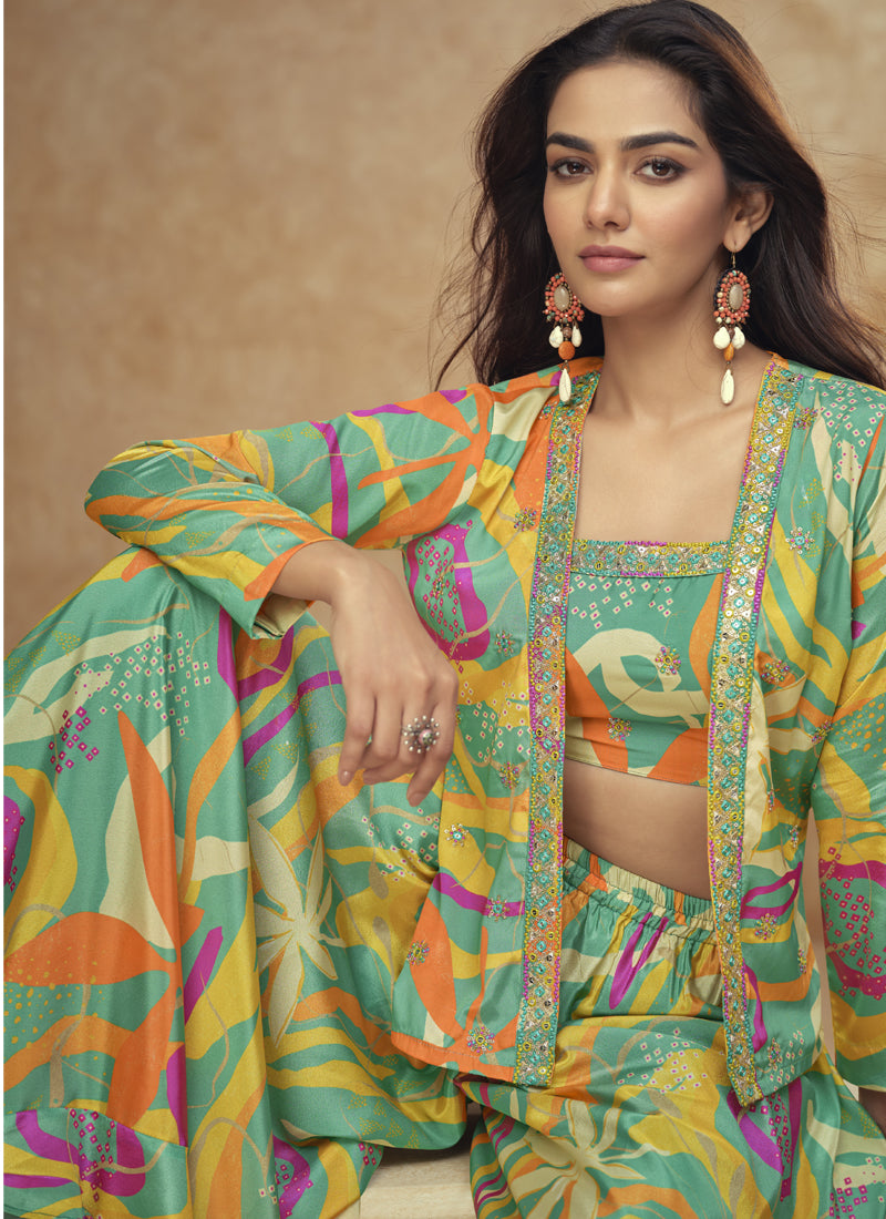 Multicolor Chinon Silk Digital Print Western Style Palazzo Suit