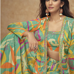 Multicolor Chinon Silk Digital Print Western Style Palazzo Suit