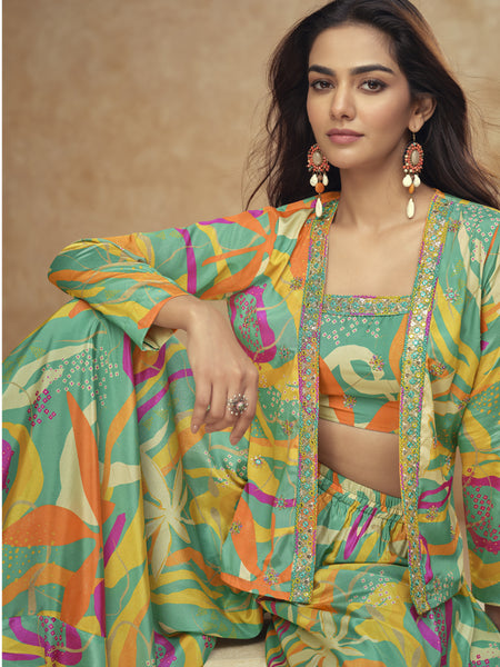 Multicolor Chinon Silk Digital Print Western Style Palazzo Suit