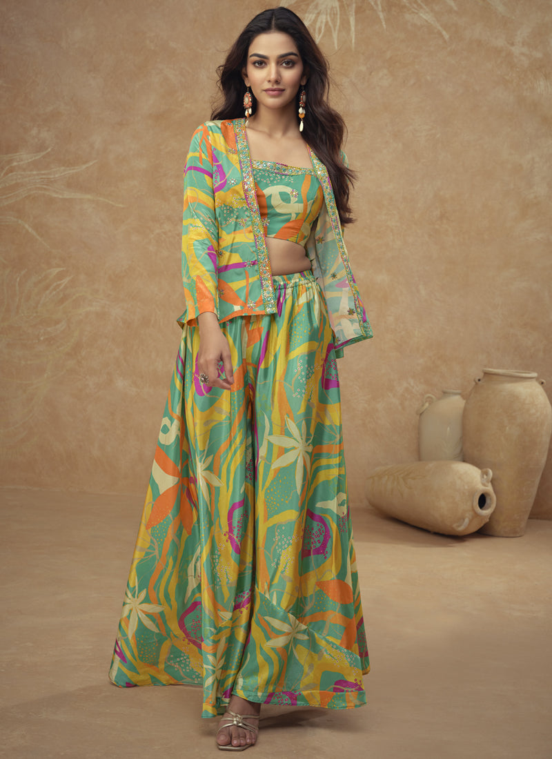 Multicolor Chinon Silk Digital Print Western Style Palazzo Suit