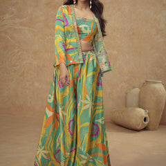 Multicolor Chinon Silk Digital Print Western Style Palazzo Suit