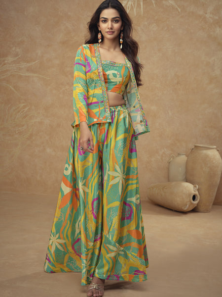 Multicolor Chinon Silk Digital Print Western Style Palazzo Suit