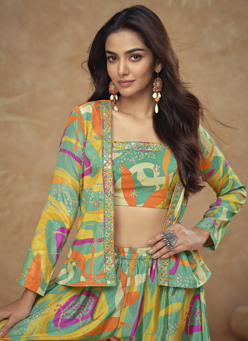 Multicolor Chinon Silk Digital Print Western Style Palazzo Suit