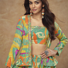 Multicolor Chinon Silk Digital Print Western Style Palazzo Suit