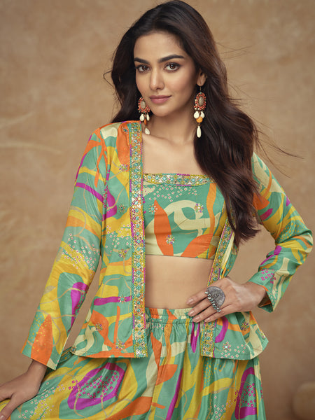 Multicolor Chinon Silk Digital Print Western Style Palazzo Suit