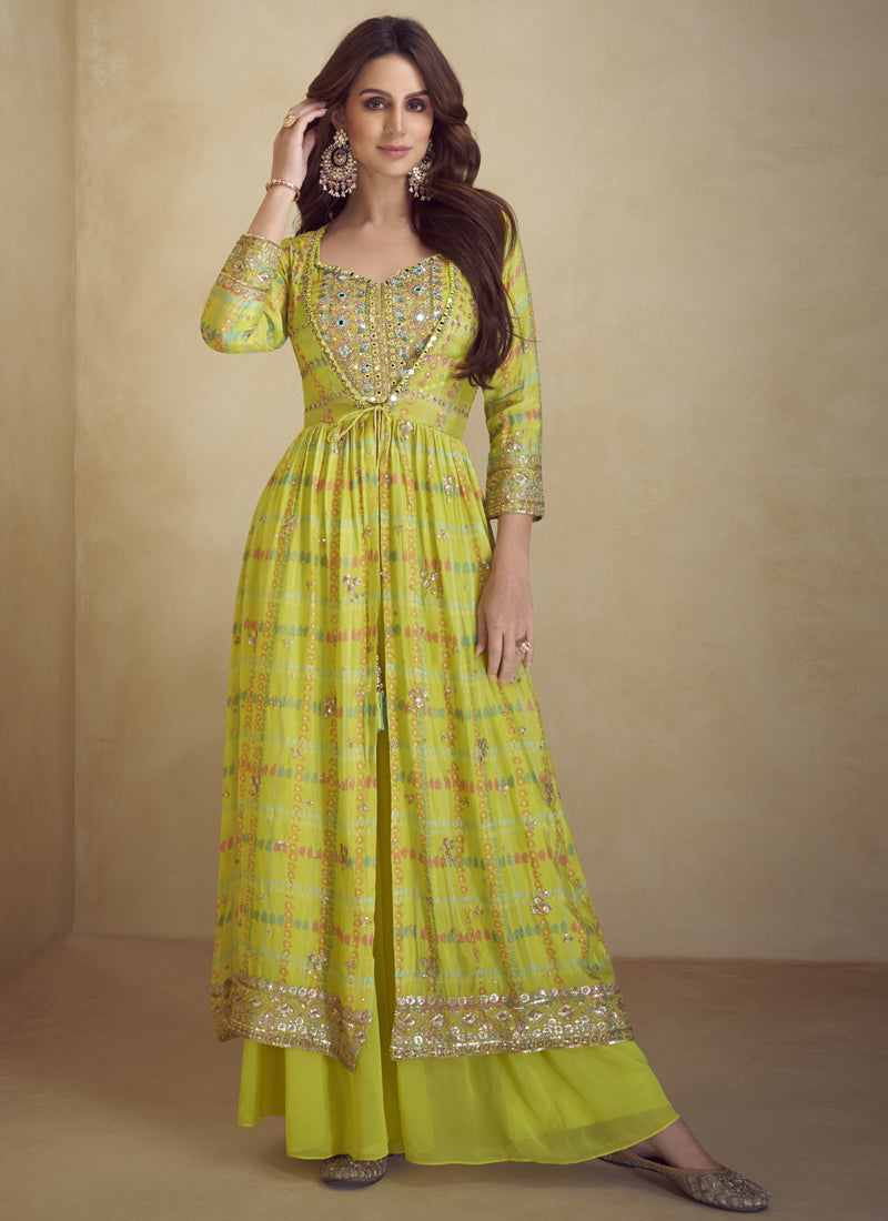 Yellow Chinon Silk Digital Print Western Style Palazzo Suit