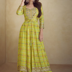 Yellow Chinon Silk Digital Print Western Style Palazzo Suit