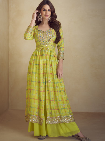 Yellow Chinon Silk Digital Print Western Style Palazzo Suit