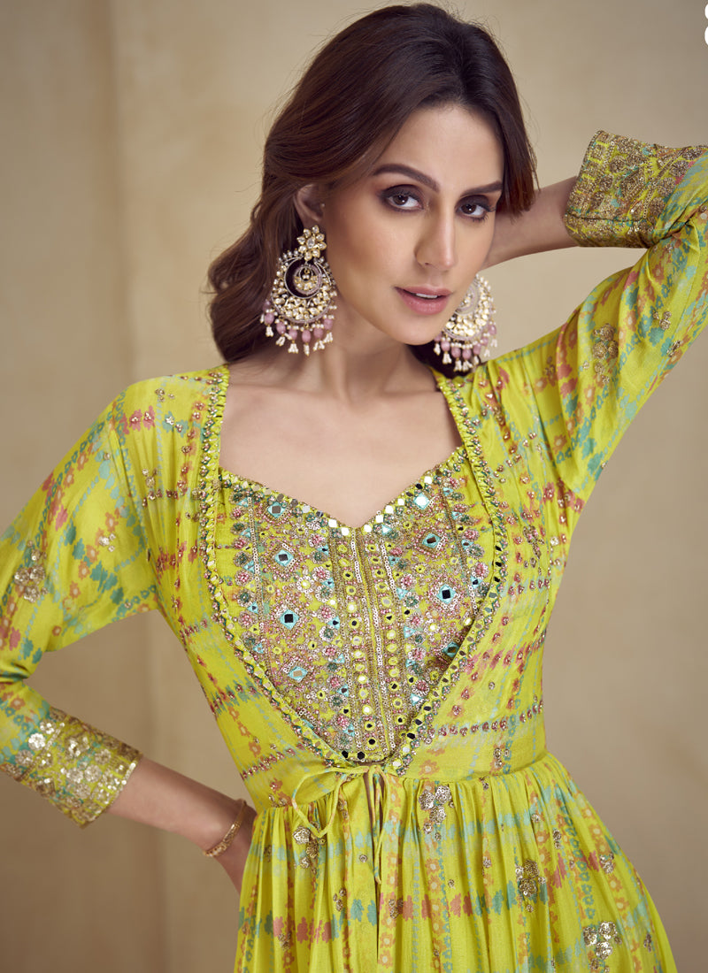 Yellow Chinon Silk Digital Print Western Style Palazzo Suit
