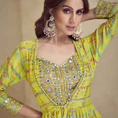 Yellow Chinon Silk Digital Print Western Style Palazzo Suit