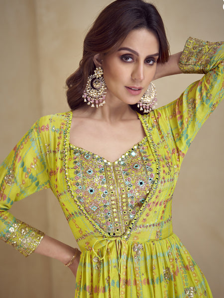 Yellow Chinon Silk Digital Print Western Style Palazzo Suit