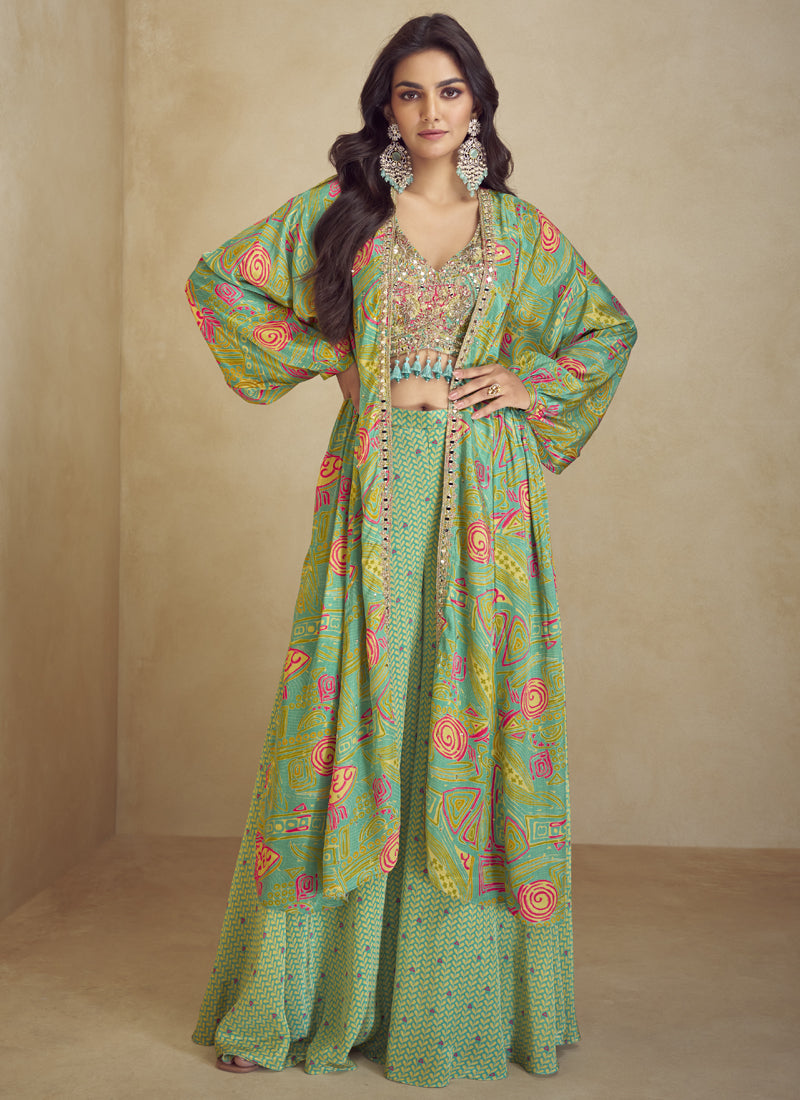 Sea Green Chinon Silk Digital Print Western Style Palazzo Suit