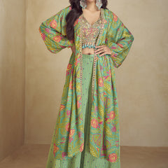 Sea Green Chinon Silk Digital Print Western Style Palazzo Suit