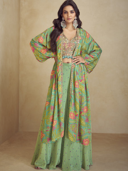 Sea Green Chinon Silk Digital Print Western Style Palazzo Suit