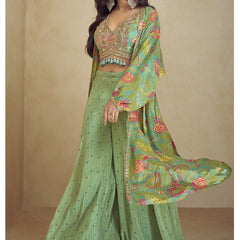 Sea Green Chinon Silk Digital Print Western Style Palazzo Suit