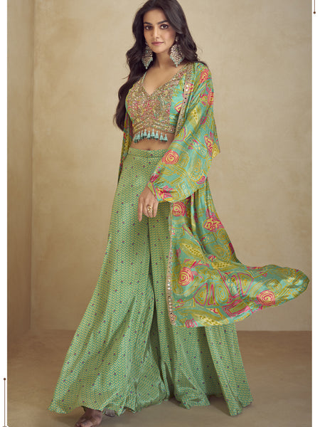 Sea Green Chinon Silk Digital Print Western Style Palazzo Suit