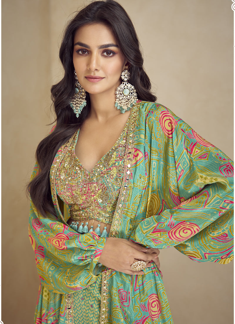Sea Green Chinon Silk Digital Print Western Style Palazzo Suit