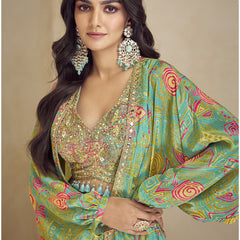 Sea Green Chinon Silk Digital Print Western Style Palazzo Suit
