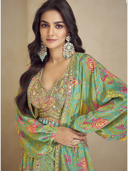 Sea Green Chinon Silk Digital Print Western Style Palazzo Suit