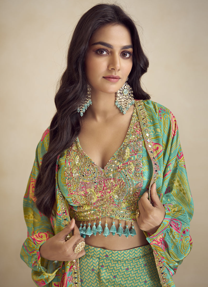 Sea Green Chinon Silk Digital Print Western Style Palazzo Suit