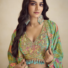 Sea Green Chinon Silk Digital Print Western Style Palazzo Suit