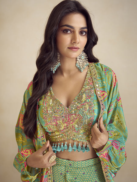 Sea Green Chinon Silk Digital Print Western Style Palazzo Suit