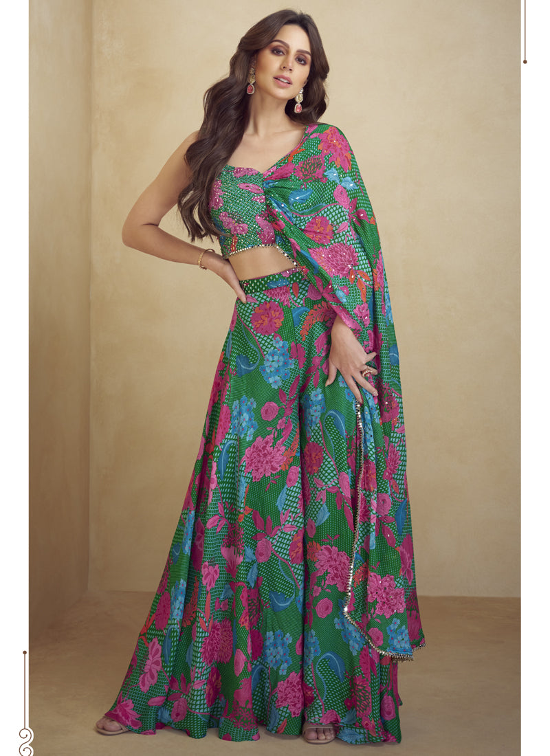 Green Chinon Silk Digital Print Western Style Palazzo Suit