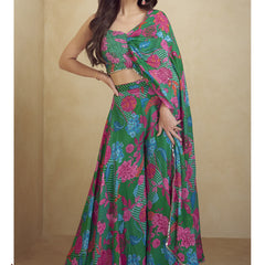 Green Chinon Silk Digital Print Western Style Palazzo Suit