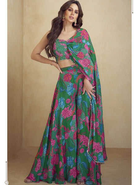Green Chinon Silk Digital Print Western Style Palazzo Suit