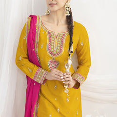 Yellow Chinon Silk Embroidered Designer Salwar Suit