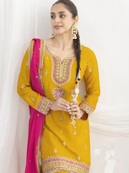 Yellow Chinon Silk Embroidered Designer Salwar Suit