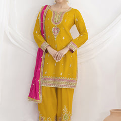 Yellow Chinon Silk Embroidered Designer Salwar Suit