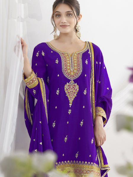 Violet Chinon Silk Embroidered Designer Salwar Suit