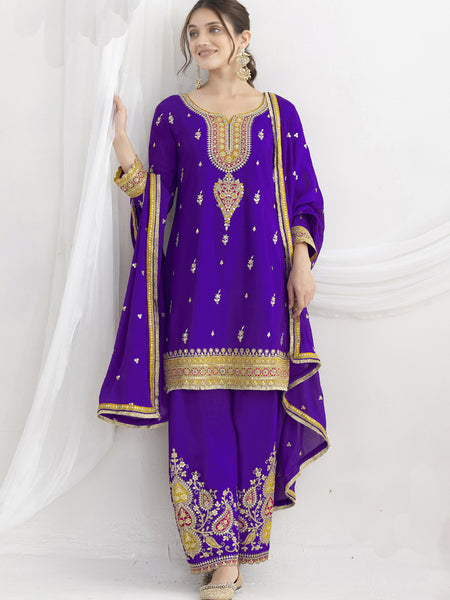Violet Chinon Silk Embroidered Designer Salwar Suit
