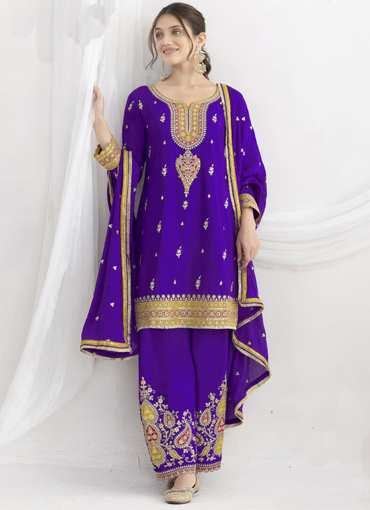 Violet Chinon Silk Embroidered Designer Salwar Suit