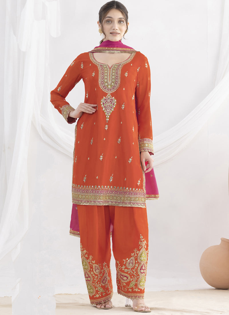 Orange Chinon Silk Embroidered Designer Salwar Suit
