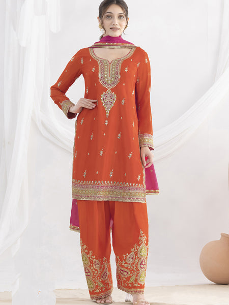 Orange Chinon Silk Embroidered Designer Salwar Suit