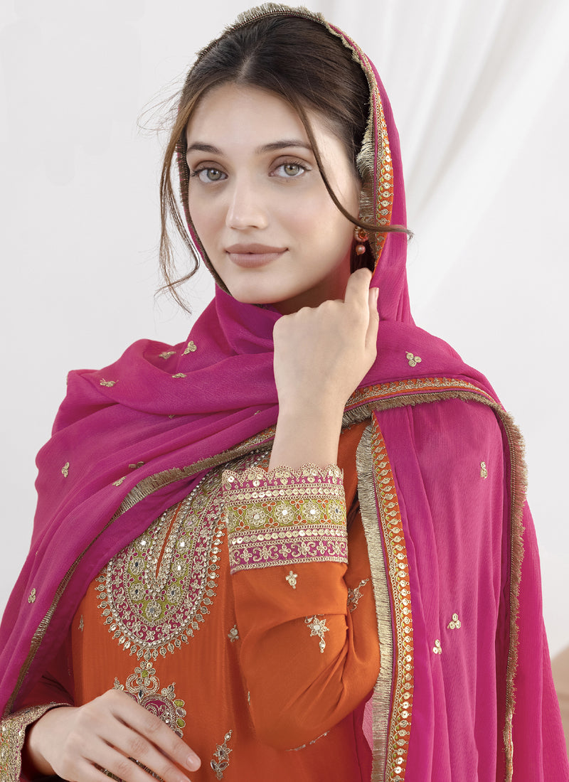 Orange Chinon Silk Embroidered Designer Salwar Suit