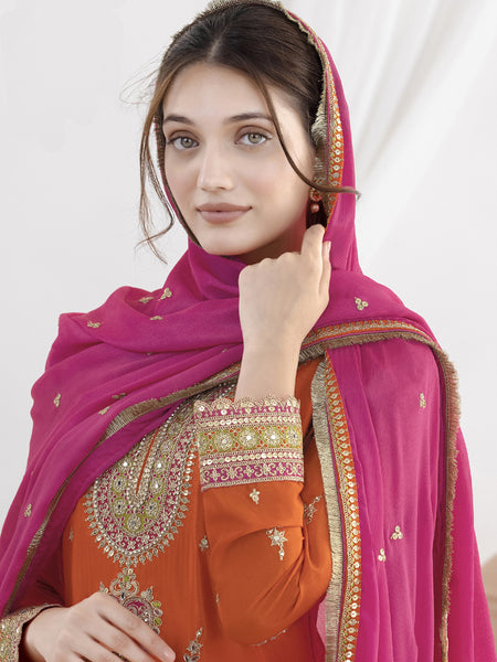 Orange Chinon Silk Embroidered Designer Salwar Suit