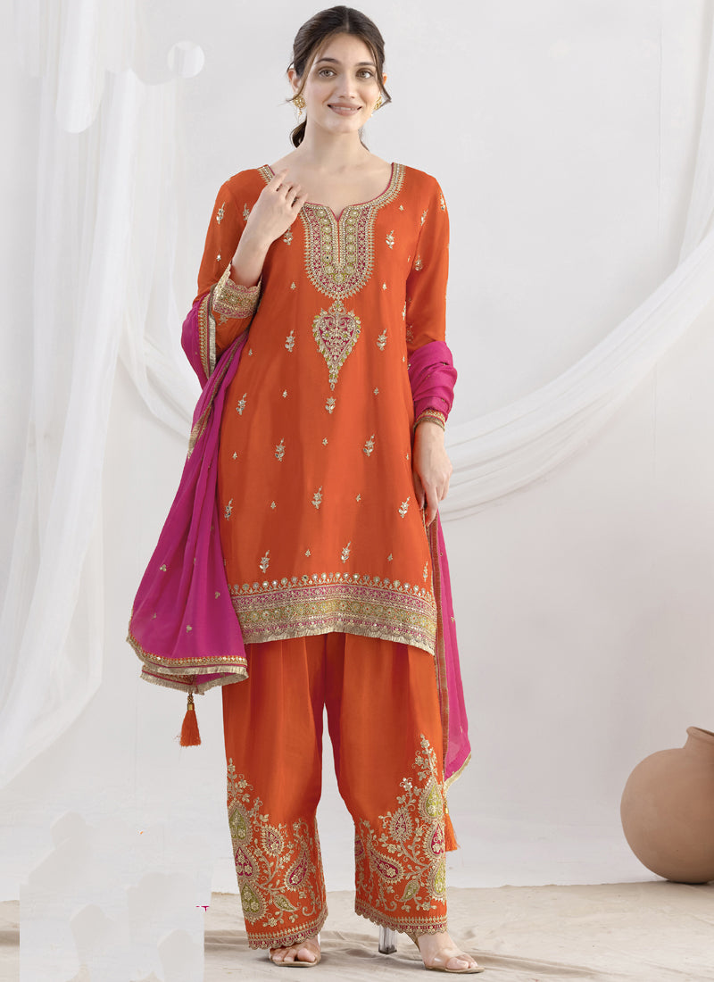 Orange Chinon Silk Embroidered Designer Salwar Suit