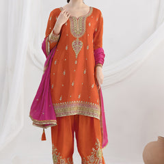 Orange Chinon Silk Embroidered Designer Salwar Suit